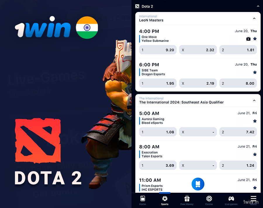 Dota 2 is popular cyber sport game for 2 players available to bet on 1Win