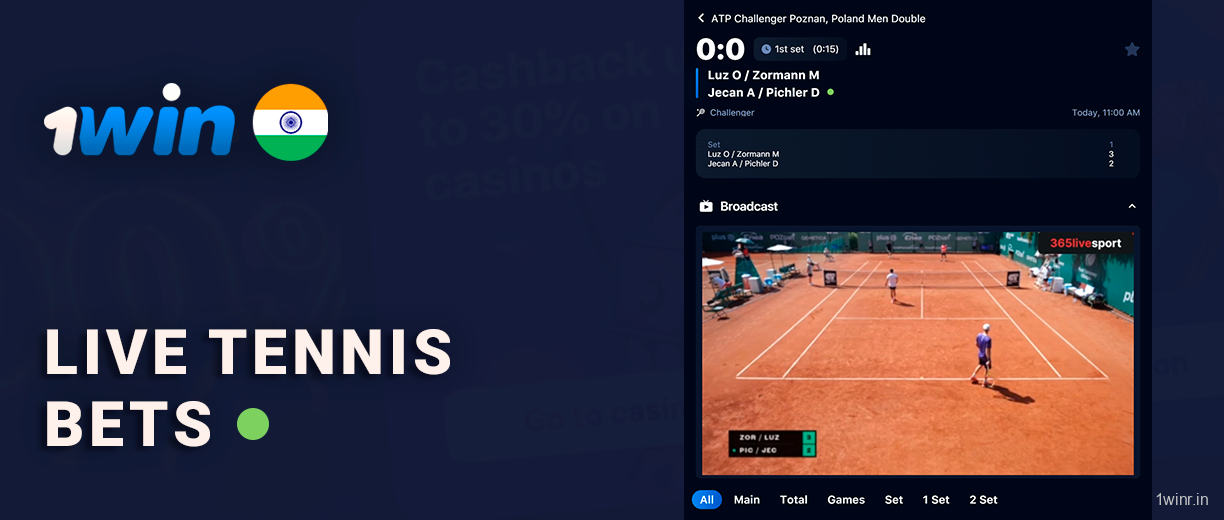 1Win India allows to make tennis bets in live, and also provide live streams of main tennis events