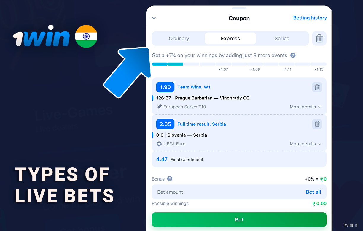 Indian players can make single, express and system types of bets on both live and ongoing events