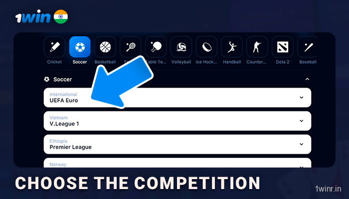 Choose the competition from the list - 1Win Live Betting