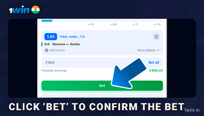 Click 'Bet' to confirm the bet at 1Win Live