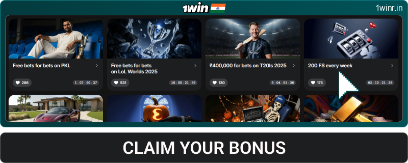 Select the desired 1win IN bonus