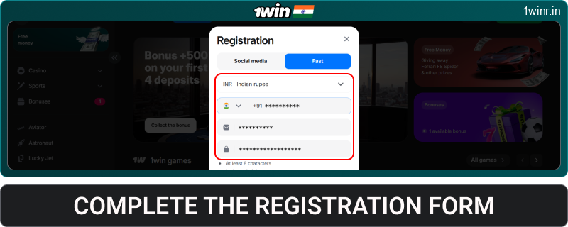 Fill out the 1win India registration form