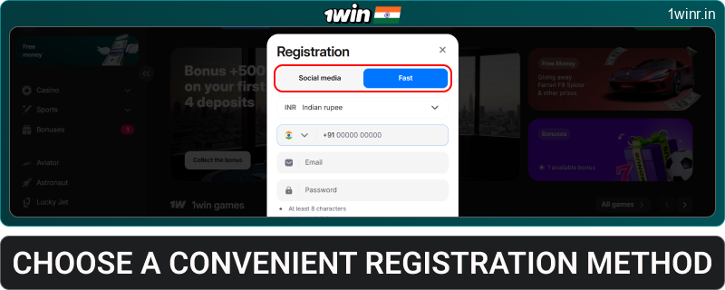 Select a registration option at 1win India