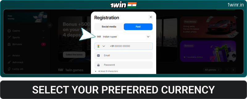 Select a currency for 1win IN