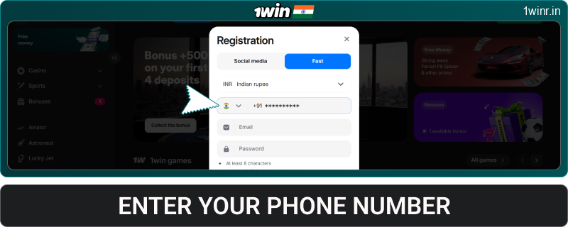 Enter your phone number for 1win India