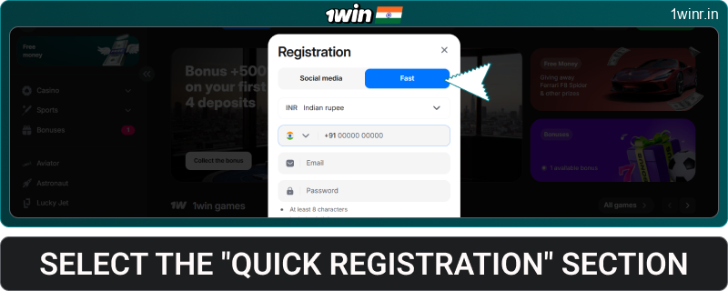 Select the quick registration form for 1win India