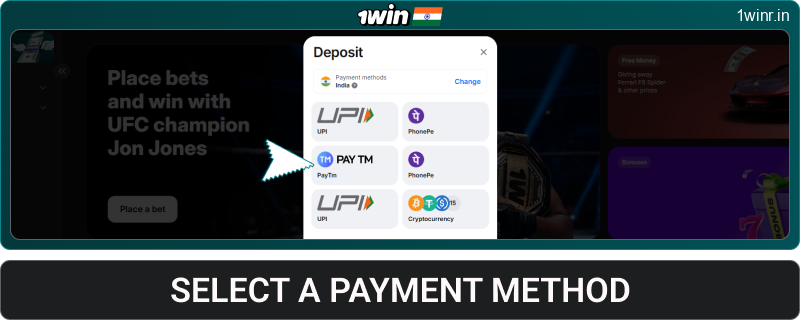 Select a deposit method in 1win IN
